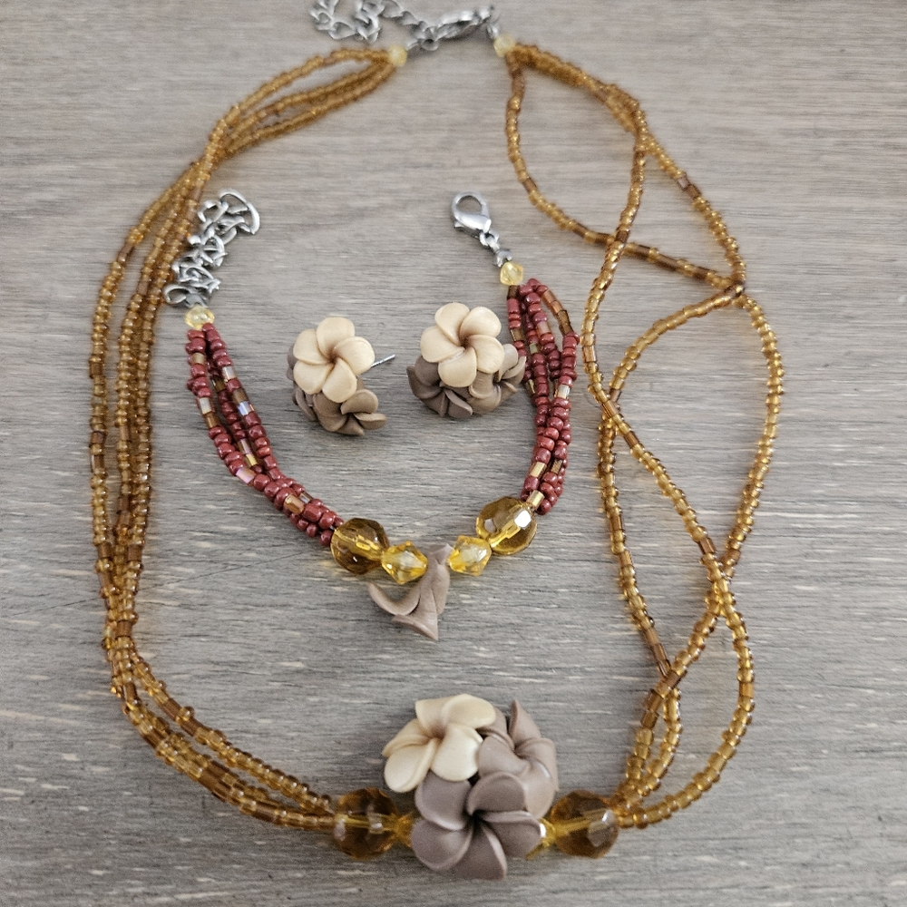 Elegant Floral Beaded Jewelry Set in Gold and Brown